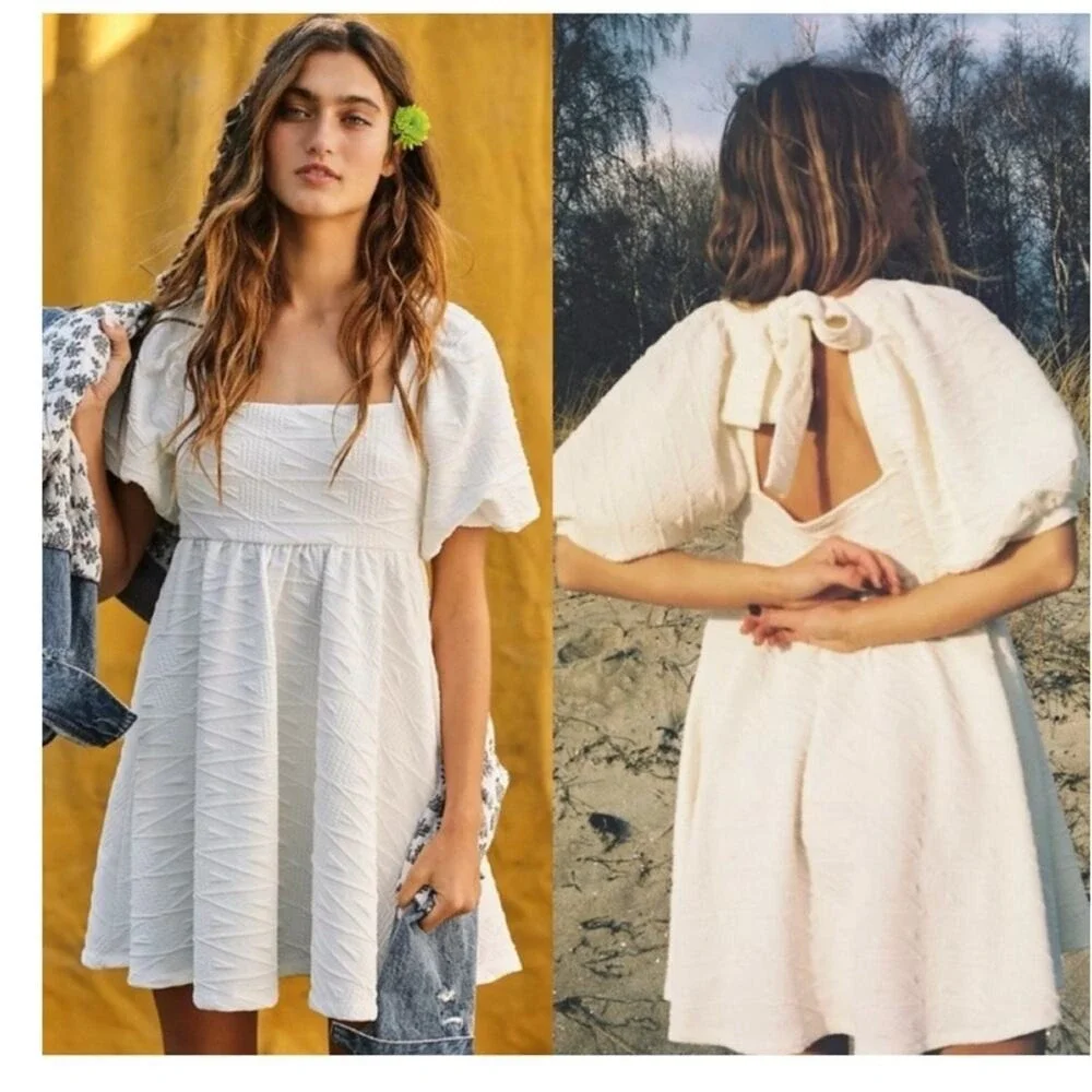 NWT Free People Violet Puff Sleeve Mini Dress S White